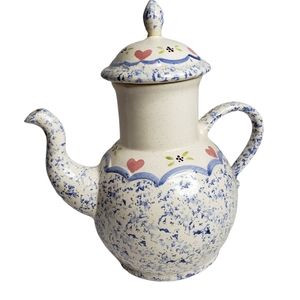 Ceramic Art Pottery Stoneware Speckled Pitcher Handle 10.5" Hearts Country Chic.